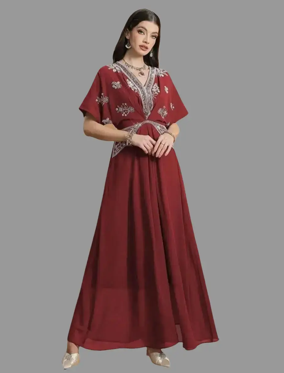 Maroon Abaya Kaftan with Rhinestone Embroidery, Women's Modest V-Neck Gown with Short Sleeves