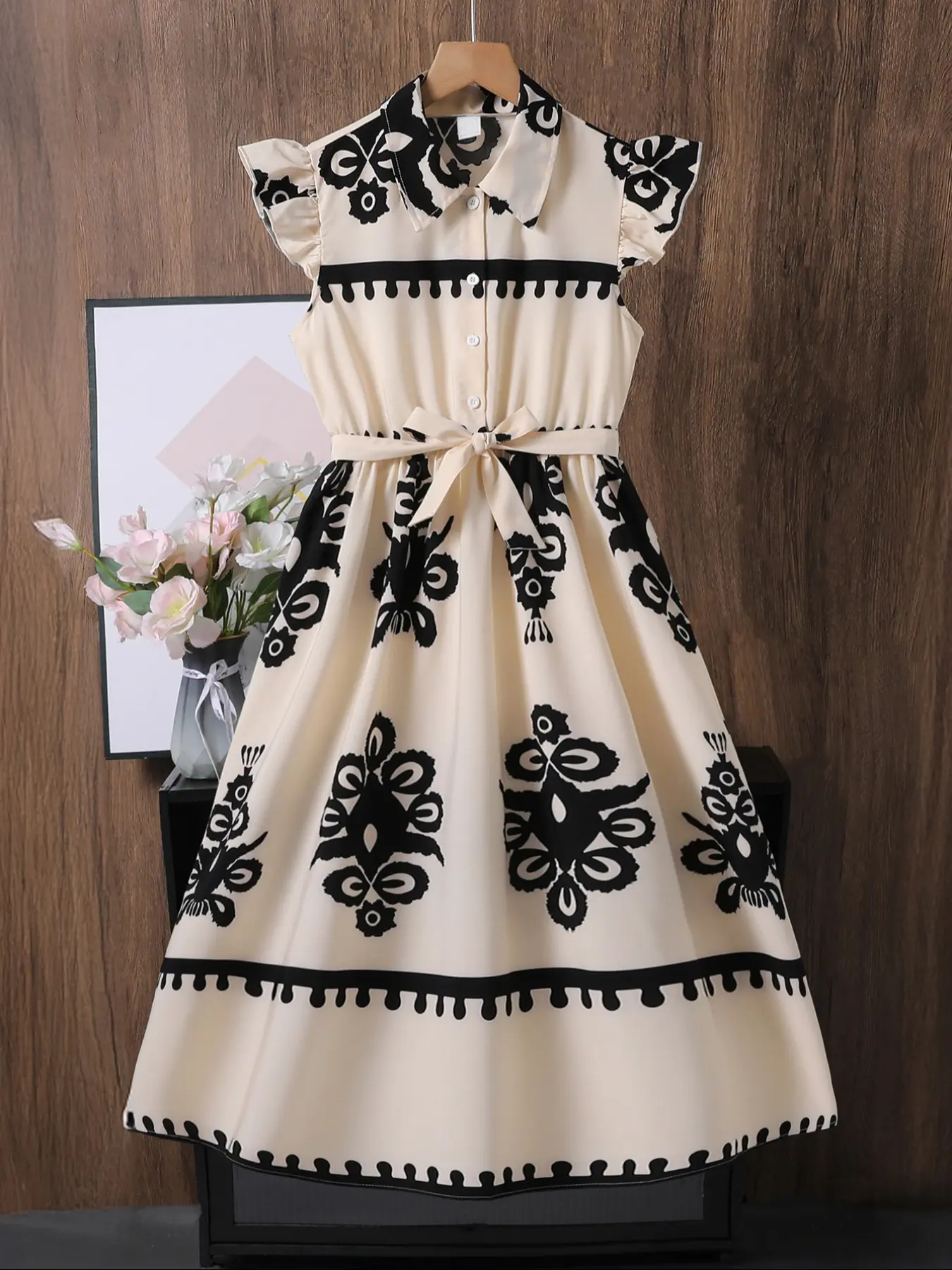 Girls' Collared Button Pattern Print Shirt Dress with Adjustable Waist Belt, Fashionable Sleeveless Design for Daily Wear, Vacation & Party, Dresses for Summer, Summer Clothes Dress