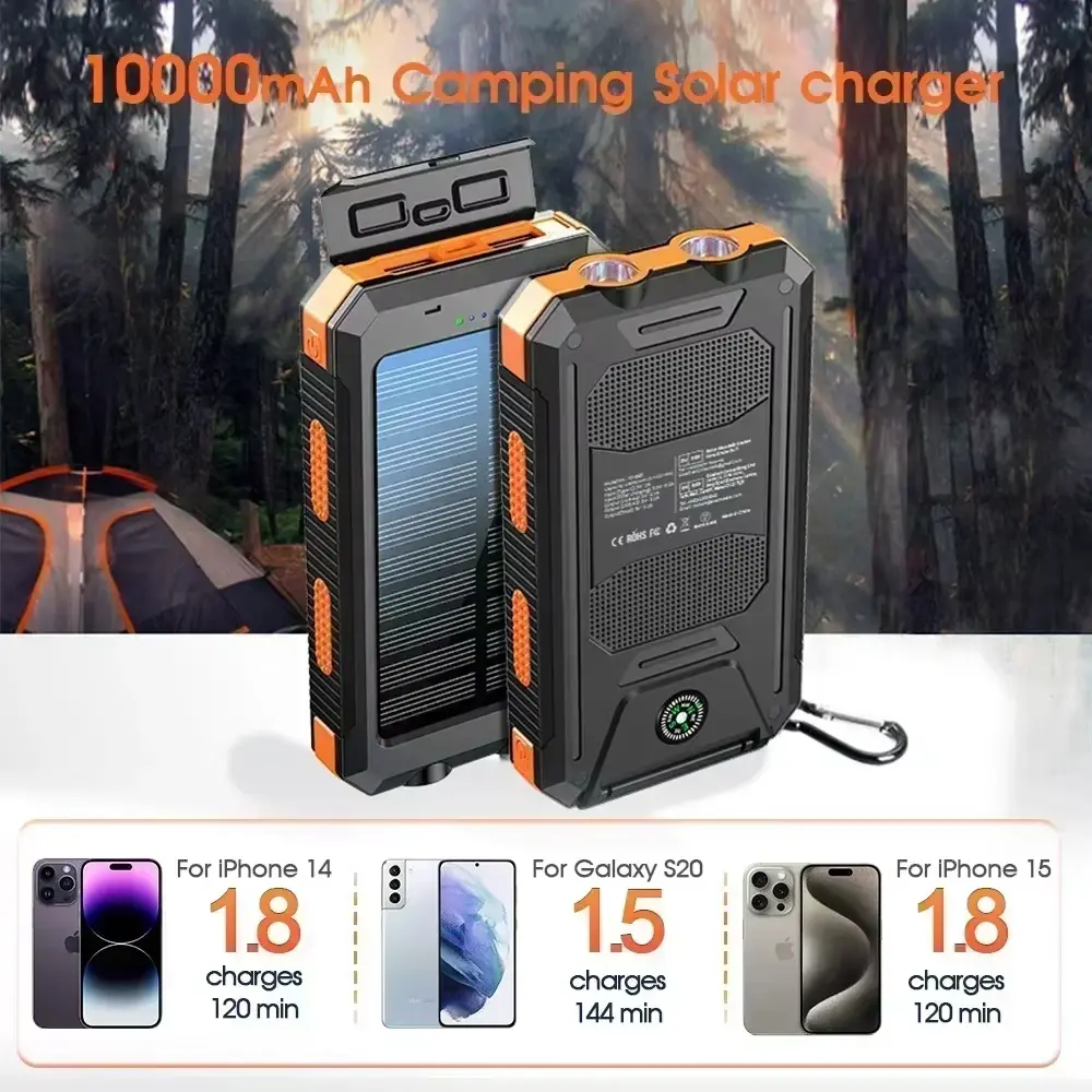 10000mAh Rechargeable Waterproof Solar Portable Power Bank, Dual USB Output, USB-C Interface, Built-In Bright Flashlight & Compass, Outdoor Camping Charging Device for Mobile Phones & Android Devices