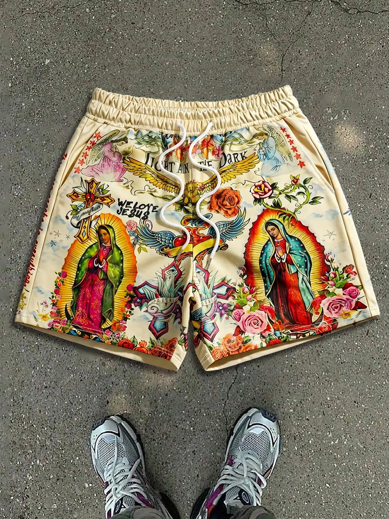Old School Tattoo Art Shorts, Virgin Mary & Jesus Print Streetwear Shorts, Lightweight Elastic Waist Shorts, fashionable summer shorts, Perfect for Summer Gym Workouts, Beachwear and Daily Casual Outfits