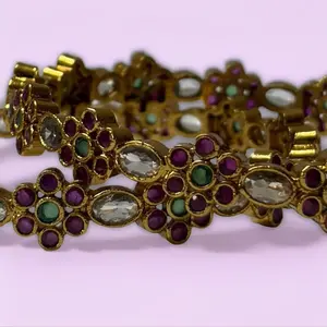 Traditional Indian Bangles in Ruby Colored Green and Clear Stone. Set of 2 Pieces. Perfect for Any Occassion