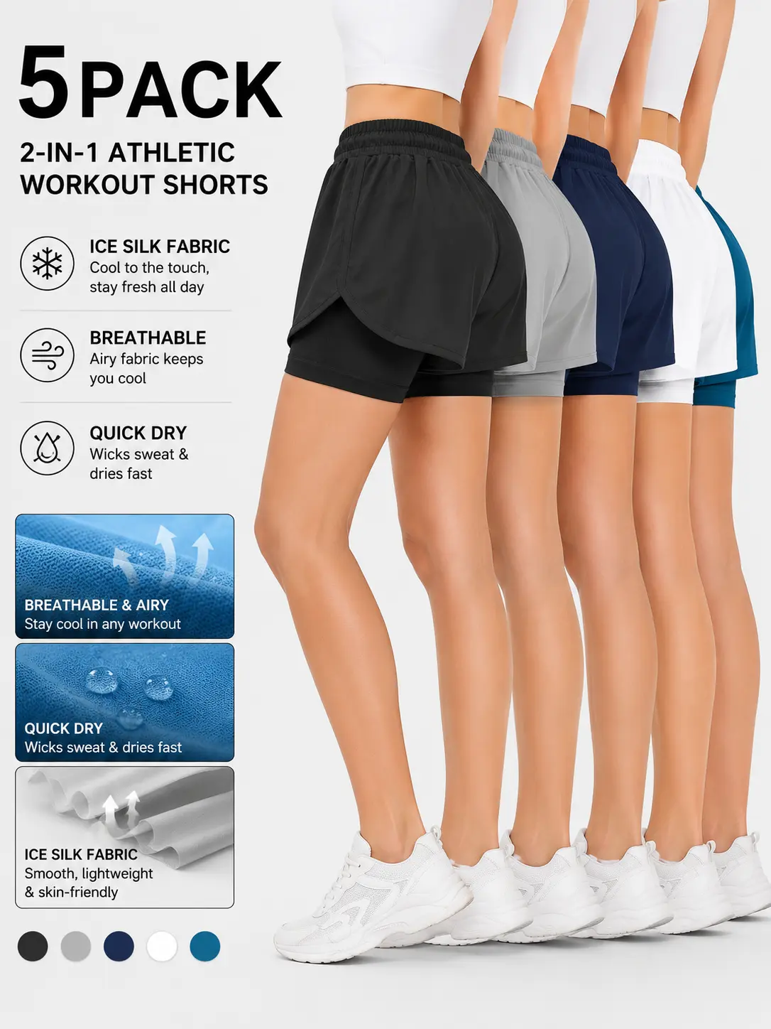 5 Pack Women’s 2-in-1 Running Shorts with Built-in Liner, High Waisted Quick Dry Athletic Workout Shorts for Gym Yoga Fitness