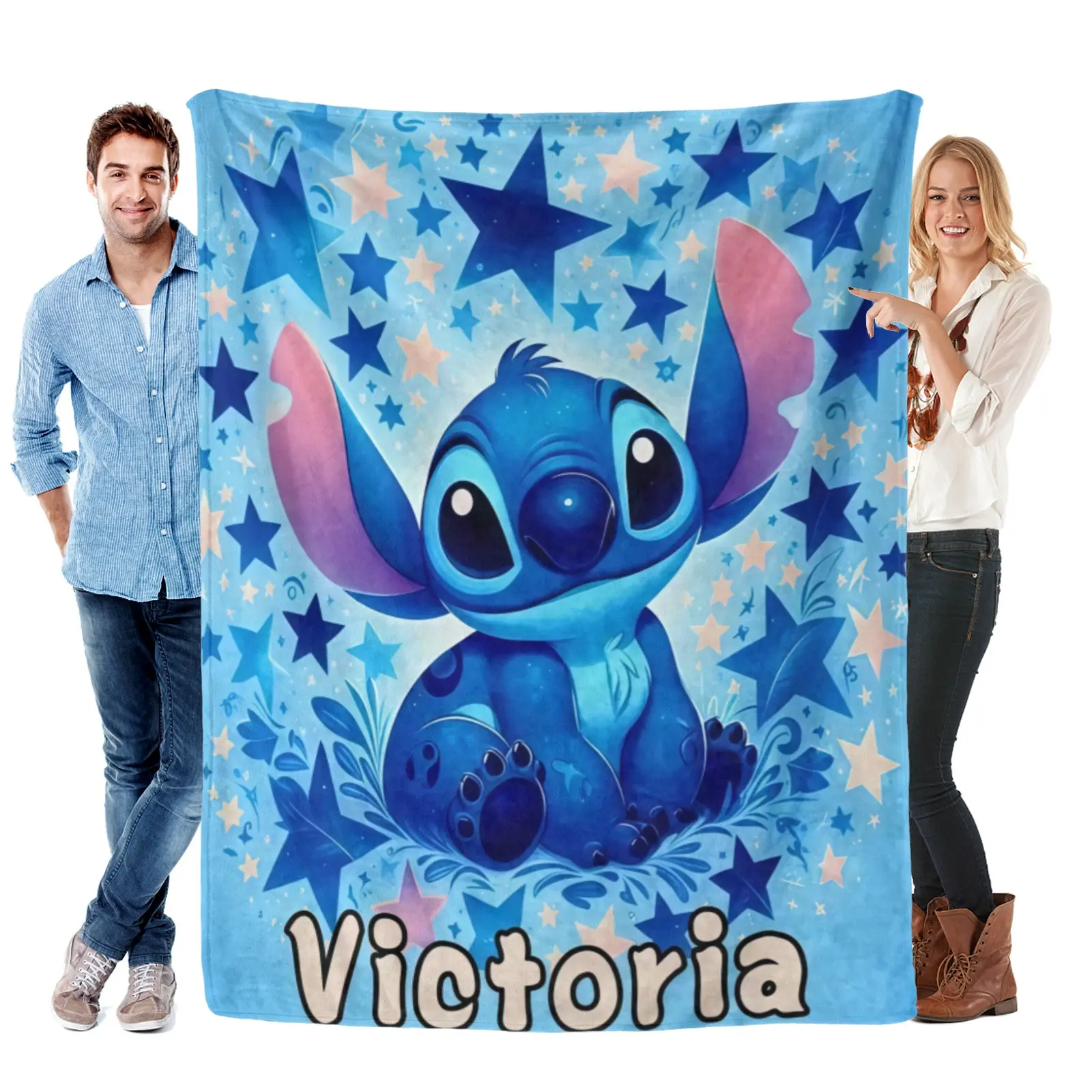 Disney Custom Name Starry Stitch Throw Blanket,Soft Flannel Throw,Blue Star Print For Bed Couch,Disney Blanket,Cute Disney Bedroom Decor