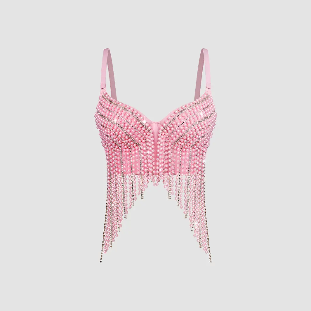 Women's Sleeveless Handmade Beaded Fishbone Corset Top - Tube Sling Crop Vest with Long Tassels, High-Quality Shaper Innerwear for Spring Summer Rave, Wedding Party Events