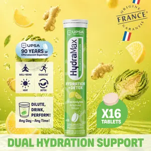 HydraMax Hydration + Detox Effervescent Tablets – Electrolytes with Artichoke, Ginger, Magnesium, Gut Health Support, Lemon Flavor, 16 Tablets, Daily Supplement, Multivitamin
