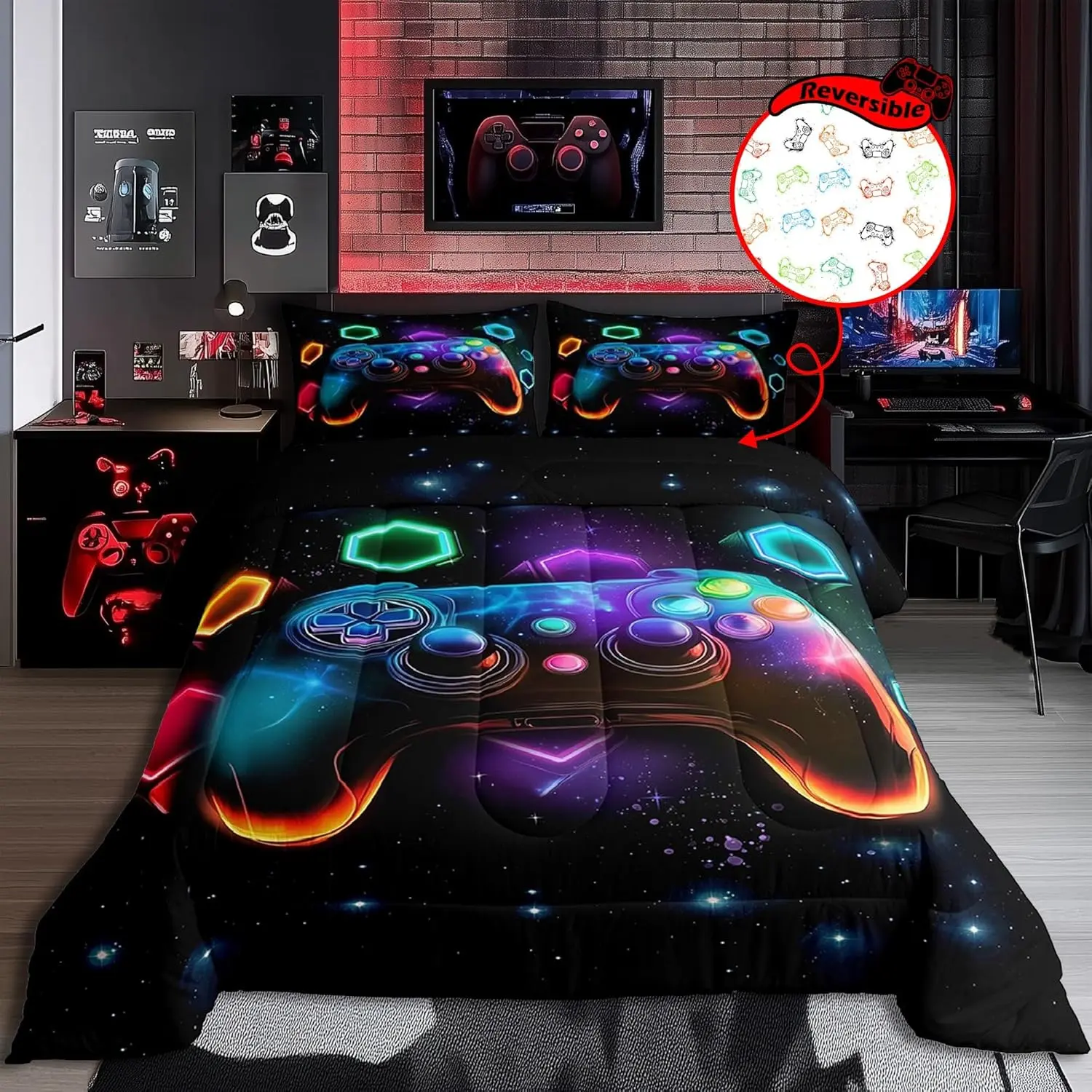 Feelyou Queen Comforter Set - Boys' Space Glow Dark Duvet Bedding, Soft Microfiber Quilt with Red, Green, Blue, Teal Glow Colors, Gamer Gift for Camping, Bedroom Setup, RV (Multi-Size Option)