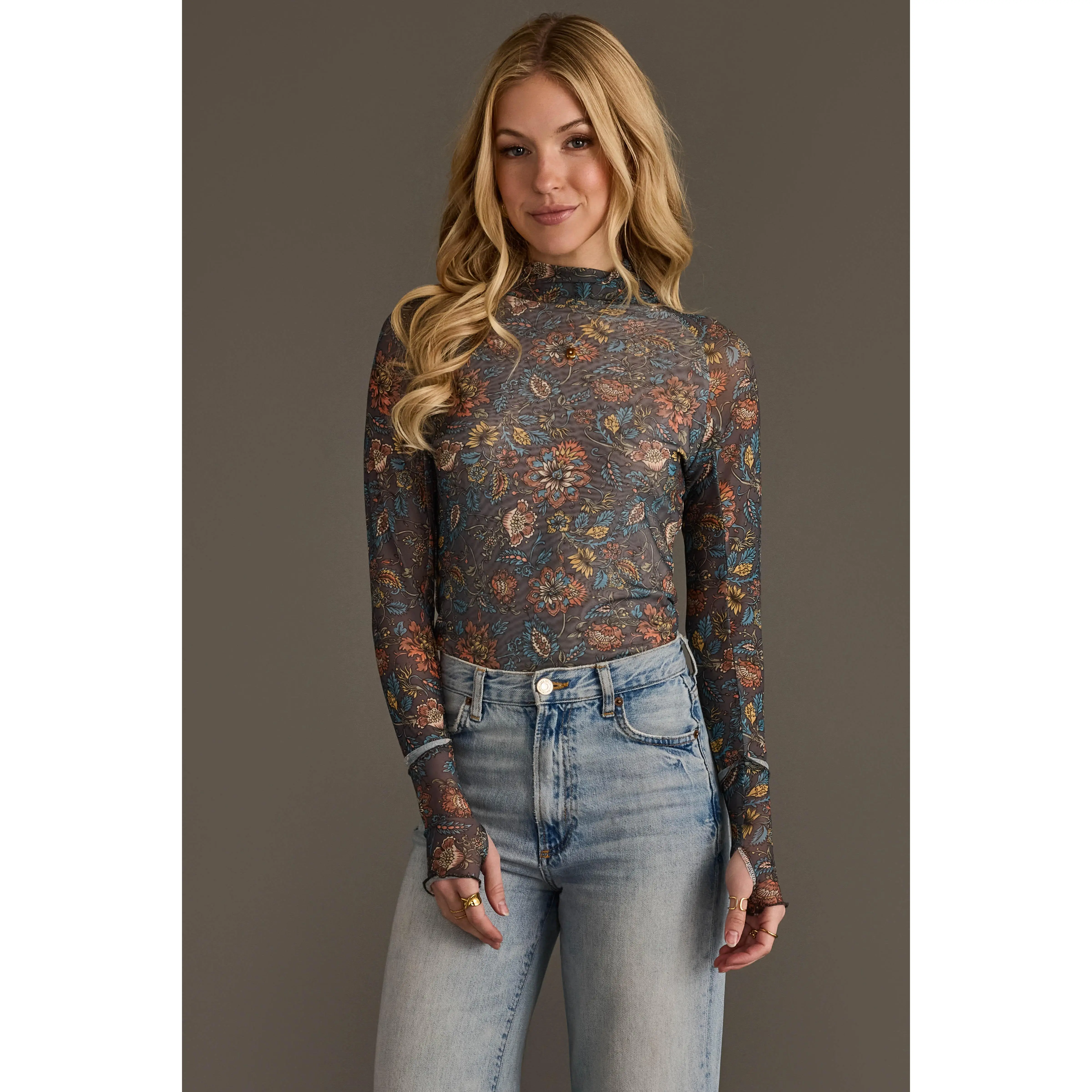 Gray, Orange & Blue Floral Mesh Top
