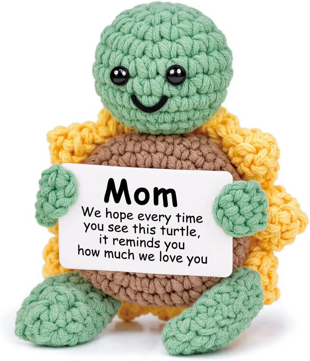 Handmade Cotton Thread Crochet Turtle Figurine - High Quality, Sunflower Shell, Card Held by Turtle, 2.8x2x3.9 Inches, Labor of Love, Compact, Versatile, House Decoration, Birthday Gift for Mom from Daughter/Son