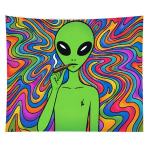 Trippy Alien Smoking Tapestry – Psychedelic Wall Art for Dorms, Stoner Room, Vaporwave Decor, Bold Colorful 420 Alien Poster Aesthetic
