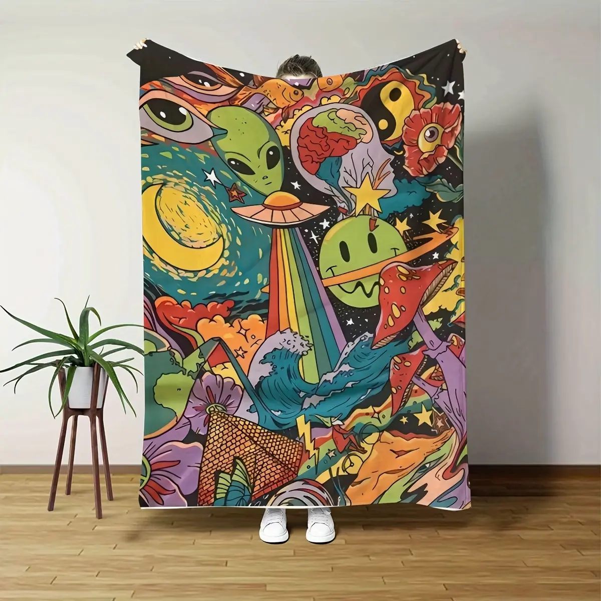 Whimsical UFO & Space-Themed Flannel Blanket - Vibrant Digital Print, Soft & Cozy Throw for Office, School Nap, Outdoor Activities, and Travel - Ideal for Sofa, Home, and Car Decor - Colorful, All-Season Gift