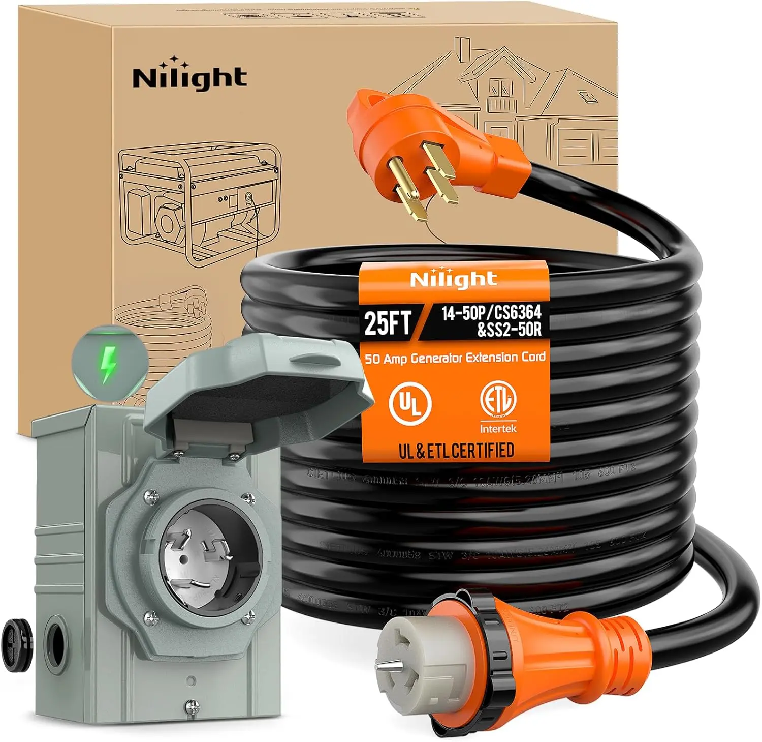Nilight 50A 25FT Generator Extension Cord and Power Inlet Box 125/250V Heavy Duty 6/3+8/1 Gauge STW ETL Listed NEMA 14-50P/SS2-50R Twist Lock Connector for RV Outdoor Use, 1 X 8 Gauge Wire, 12500 Watts
