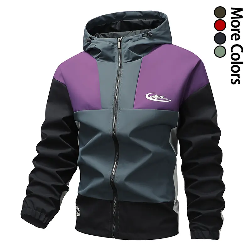 Men’s color-block hooded rain jacket with adjustable drawstring hood, windproof sports outerwear suitable for everyday outdoor wear