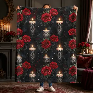 Gothic Red Roses & Candlelight Sherba College Style Flannel Blanket — Dark Romantic Throw, Soft Cozy Blanket for Bed, Sofa, Teens & Adults, TikTok Trending Gift