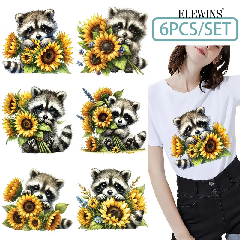 6Pcs Spring Raccoon Sunflower Heat Transfer Vinyl HTV Iron on Patches Appliques for Clothes Washer Safe DIY Decor Tshirt Hoodie Jeans Backpack Pillow Seasonal Theme