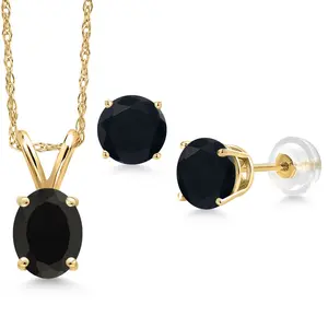 Gem Stone King 14K Yellow Gold Black Onyx Pendant Earrings Jewelry Set For Women | 3.20 Cttw | Gemstone December Birthstone | Oval 8X6MM | with 18 Inch Chain
