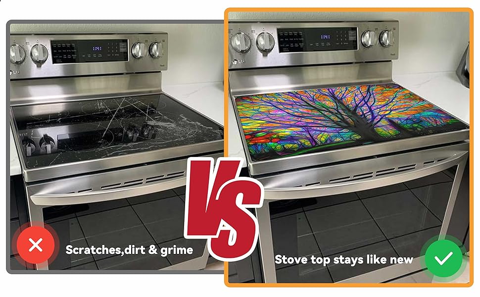 JOYFINITY Decorative Stove Top Covers for Electric Stove – Heat Resistant Glass Cooktop Protector Dish Drying Mat – Non-Slip Rubber Backing Washer Top Cover Waterproof Extra Counter Space (Tree 1)