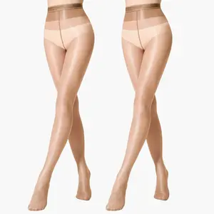 WiliW 2 Pairs Women's Shiny Tights Ultra Sheer Shimmer Pantyhose 30D Light Brown High Waist Oil Glossy Dance Jazz Stockings