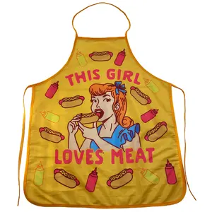This Girl Loves Meat Apron Funny Hot Dog Backyard Bar-B-Que Grilling Kitchen Smock Funny Graphic Kitchenware Bakeware Funny Food  Novelty Cookware Navy