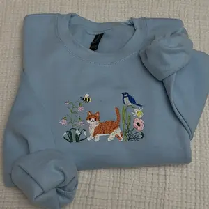 Spring meadow cat embroidered sweatshirt