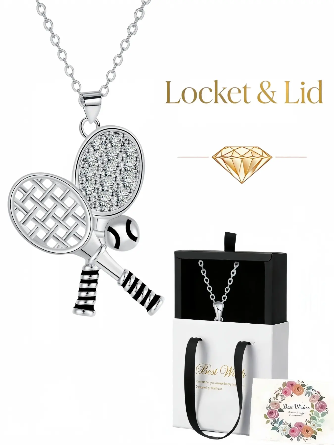 Tennis Racket Gem Niche premium tennis racket pendant necklace with sparkling gemstone for women. Comes with an elegant drawer jewelry box, perfect for birthdays, Mother's Day, Valentine's Day, Christmas and anniversaries.