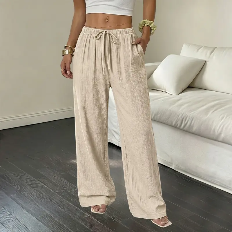 Women’s all-season casual solid-color wide-leg long pants with a waist cincher and pockets, suitable for everyday wear and vacations.