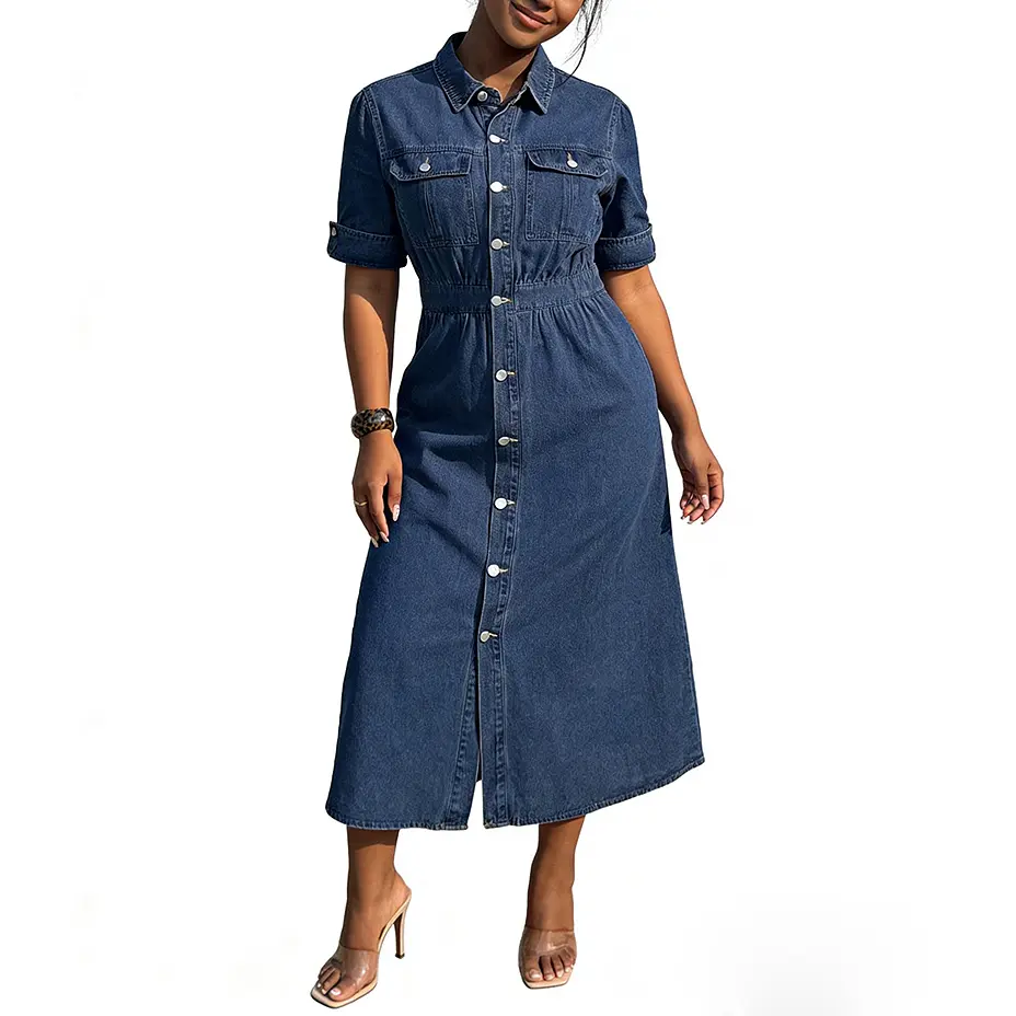 Exquisite and chic denim shirt dress - featuring breast pocket and cuffed short sleeves, with buttons for easy casual wear