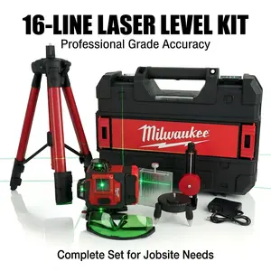MILWAUKEE M12 16 Line Green Laser Level Kit With Battery Charger And Carrying Case For Interior Construction Ceiling Projects And Precision Layout Work Self Leveling Tool Featuring High Visibility Beam And Dual Power Supply