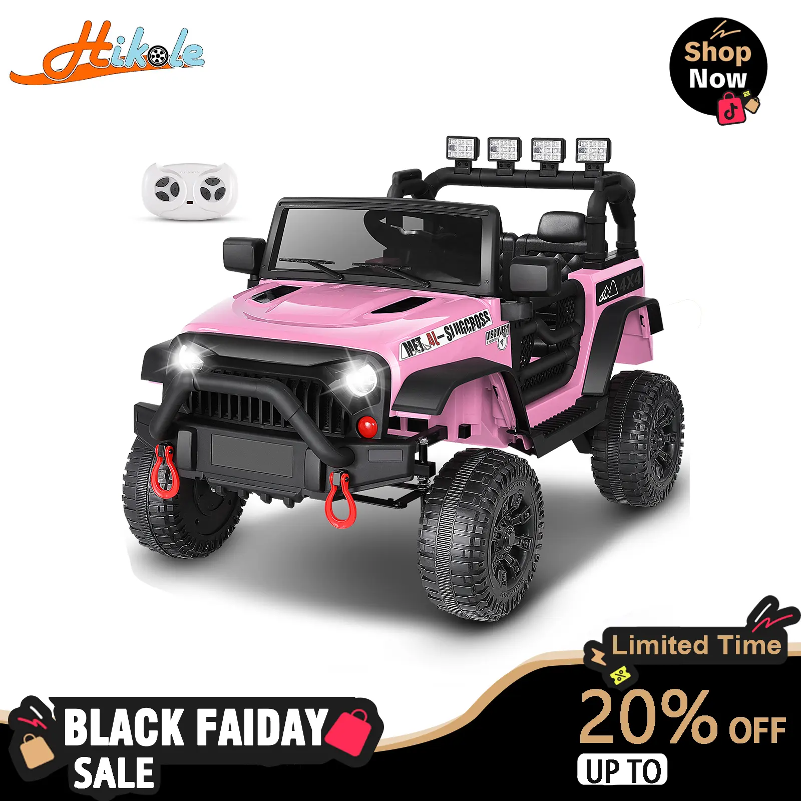 Hikole 12V Rechargeable Kids Ride-On Jeep with Remote Control, LED Lights, 3 Speeds, MP3 Audio, 2-Point Safety Belt, 2x30W Motors, Outdoor Play Toy for 3-8 Years Boys & Girls, Rechargeable Car