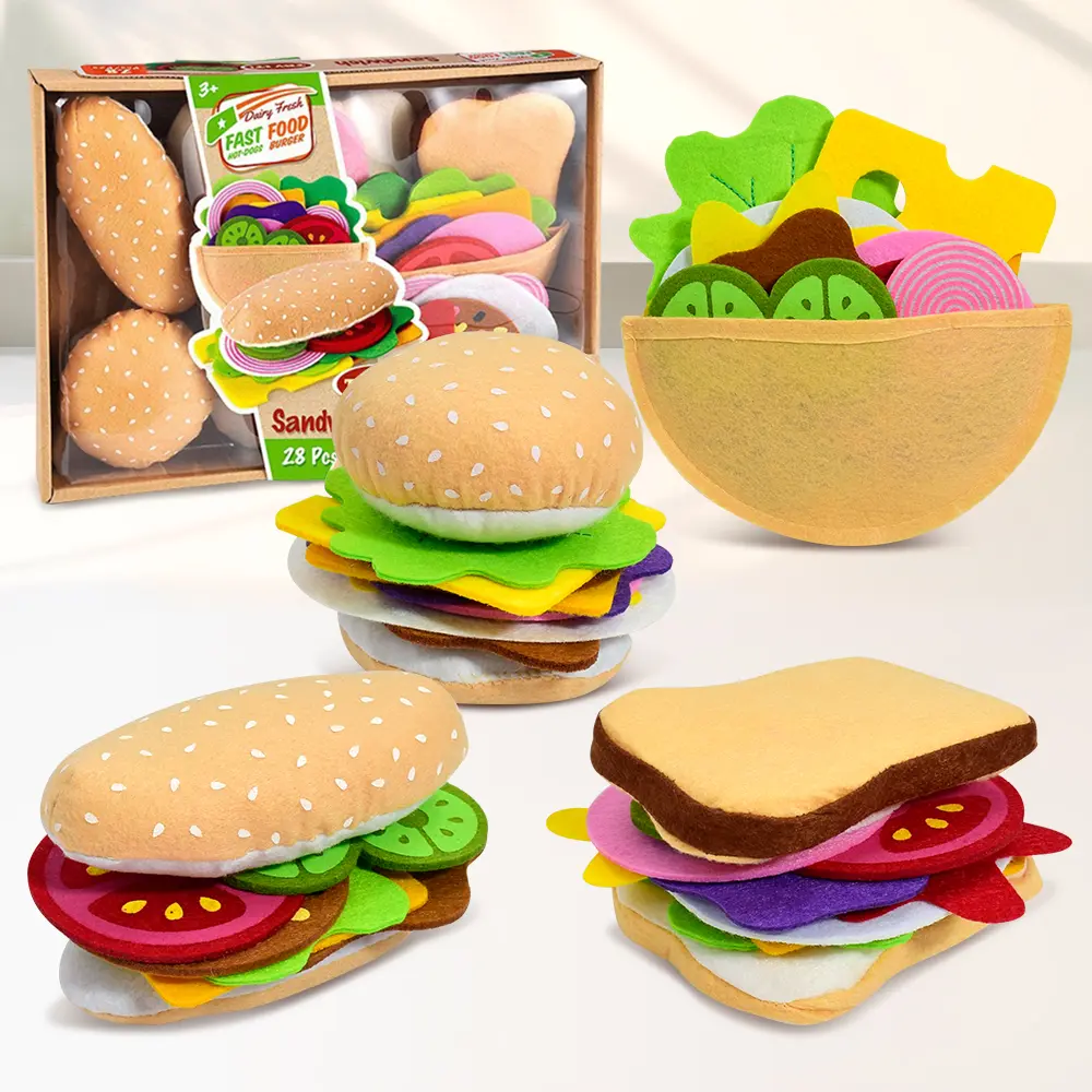 Funny DIY Felt Food Hamburger Sandwich Food Toy Set, Kids Kitchen Role Pretend Play Toy Kit (28 Pieces), Ideal Toys Gifts for Boys and Girls Birthday Christmas, Stuffer Stocking