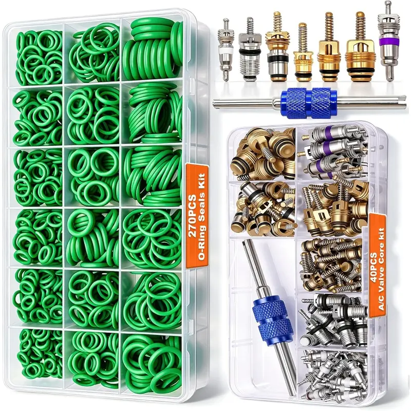 Car A/C Repair Kit - 270PCS O-Ring Seals, 40PCS Valve Core Assortment with Remover Tool for R12 R134a Refrigeration, Tire Valve Stem Cores, Air Conditioning Compressor Seals