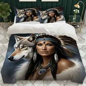 2D Print 3-Piece Beauty and Wolf Pattern Bedding Set, Soft Breathable Polyester Fabric, All-Season Use, Bedroom Decor, Decorative Bedding Set, Bed Sets