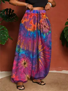 Women's Plus Size Casual Wide Leg Pants Casual Chic Trousers, Tie Dye Boho Bohemian Drawstring Joggers, Comfortable Loose Fit Sweatpants for Daily Wear