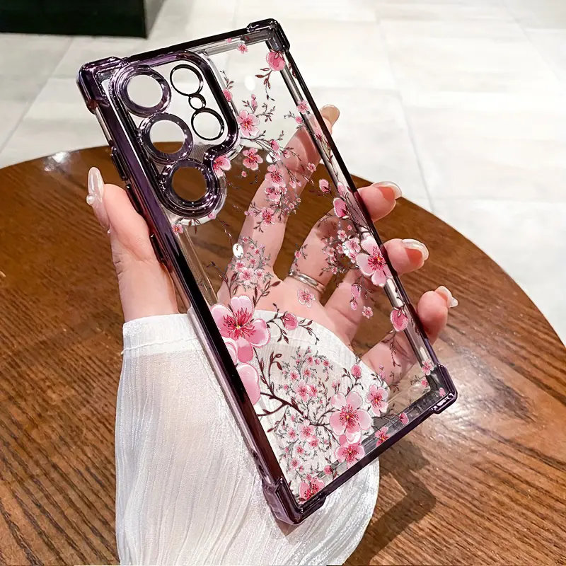 Phone Case: Elegant Pink Plum Blossom Pattern Four-Corner Anti-Drop New Phone Case for Galaxy S20/S20+/S20 FE/S20 Ultra/S21 5G/S21 FE 5G/S21 Ultra 5G/S22 5G/S22+ 5G/S22 Ultra 5G/S23/S23 Ultra/S24/S24 Plus/S24 Ultra/S24 FE/S25/S25 Plus/S25 Ultra/S10