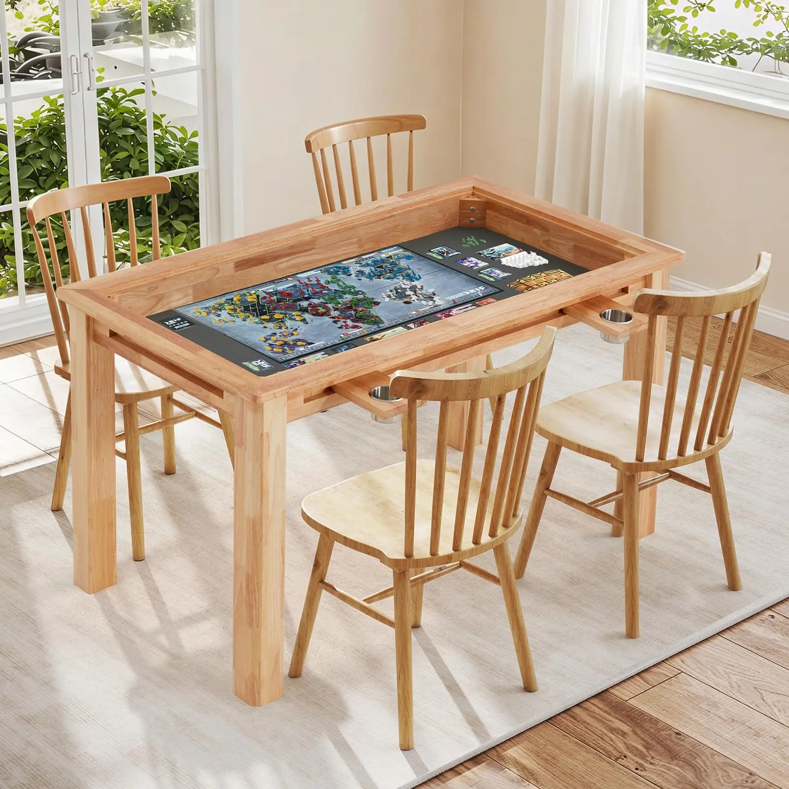 YODOLLA Oak Board Game Table with Removable Table Top, 52" x 29" Play Area, PU Leather Playmat & 4 Cup Holders, Seats 4-6 Players, Dual-Purpose for Gaming & Dining, Solid Oak Wood, Waterproof Playmat, Easy Setup
