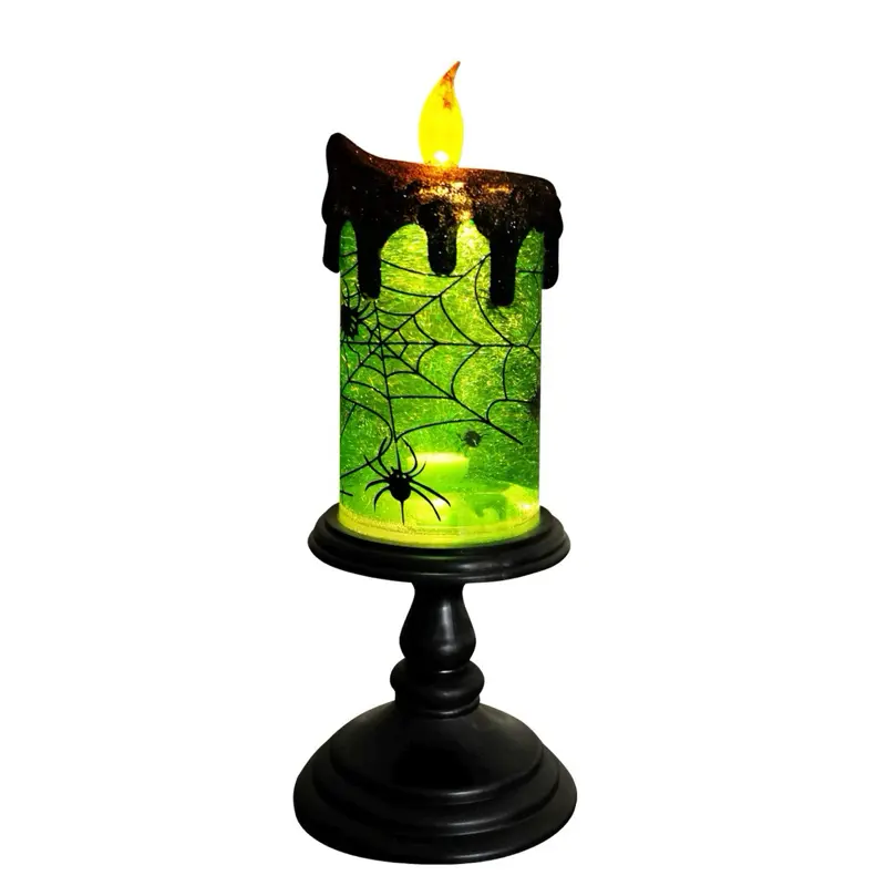 Halloween Spider Plastic Candle Holder Globe Lamp with LED Lights - Battery-Operated, Motor-Driven Spinning Water Glitter Tornado, Stable Traditional Pedestal Flameless Table Decor for Indoor Home Gift, 10 Inches