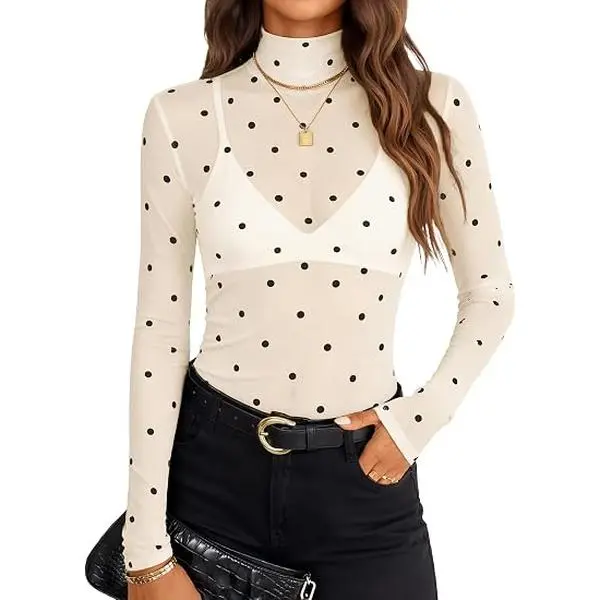 ZESICA Women's Mesh Sheer Turtleneck Long Sleeve Shirts | See Through Fitted Blouses, Sexy Cute T-Shirts, Going Out Tops, Date Night Party Clubwear Shirts, 2026 Fall Layering Outfits