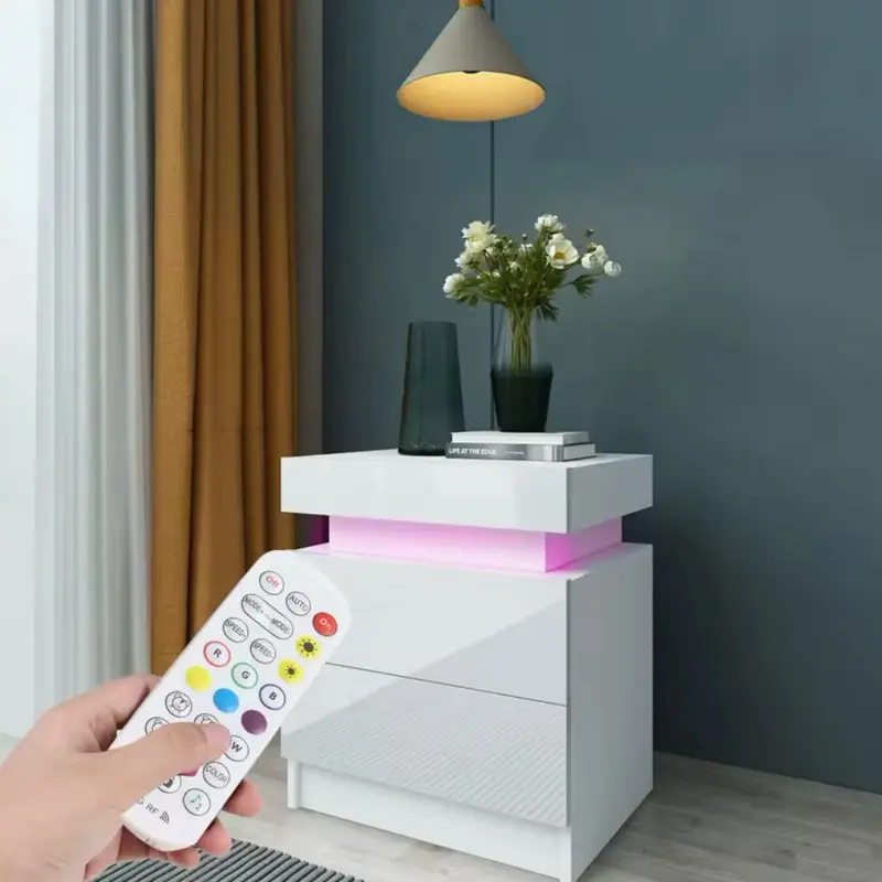Bedside Desk Bedroom LED Nightstand Bedside Table Large Capacity RGB Light Storage Nightstand Cabinet with 2 Drawers for Bedroom