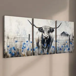 Highland Cow Pattern Canvas Painting, 3 Counts/set Wooden Framed Canvas Painting, Modern Art for Home Living Room Bedroom Office Decor, Flower Painting Canvas