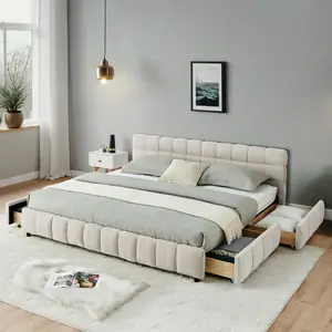 King Size Upholstered Bed Frame with Headboard and 4 Storage Drawers, Solid Bed Frame with Thick Fabric, Comfortable Upholstered Bed Frame, Chenille Fabric (90.5''*80.5''*31'') ﻿