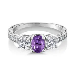10K White Gold Purple Amethyst and Lab Grown Diamond Engagement Ring For Women | 1.87 Cttw | Oval 7X5MM | Gemstone February Birthstone