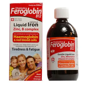 Vitabiotics Feroglobin Liquid Dietary Supplement - Natural B Complex Blend, B12, Iron, Zinc, Fruit Flavor, Energy Stamina, Immunity & Nutrition Vitamins Supplements - 16oz
