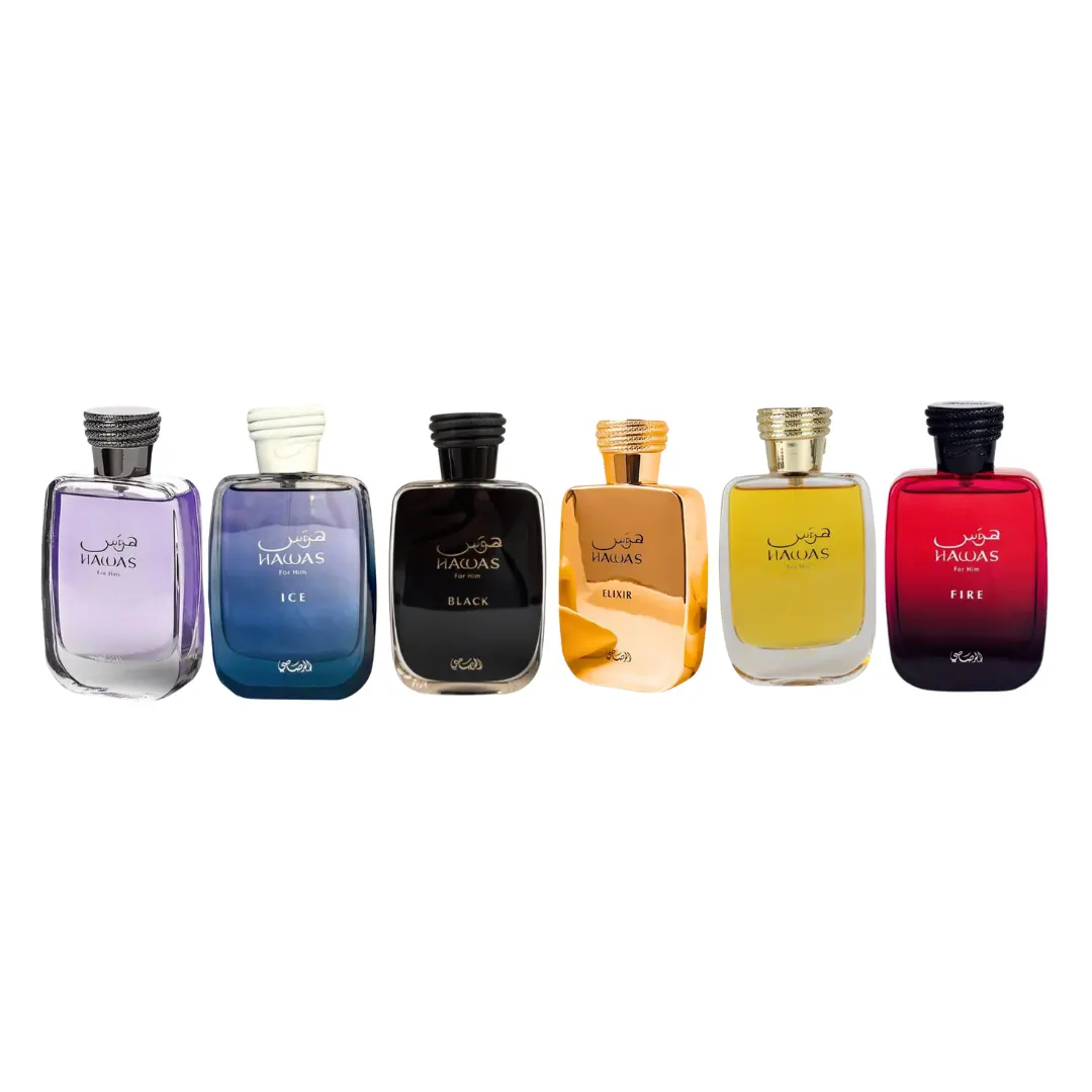 Rasasi Hawas Assorted Variants Alcohol-Based Fragrance Bundle - 5-Piece Men's Eau de Parfum, Men's Cologne, Perfumes (Black, Ice, Gold, Elixir, Fire), 100ml (3.4 fl oz) Each, Daily Wear