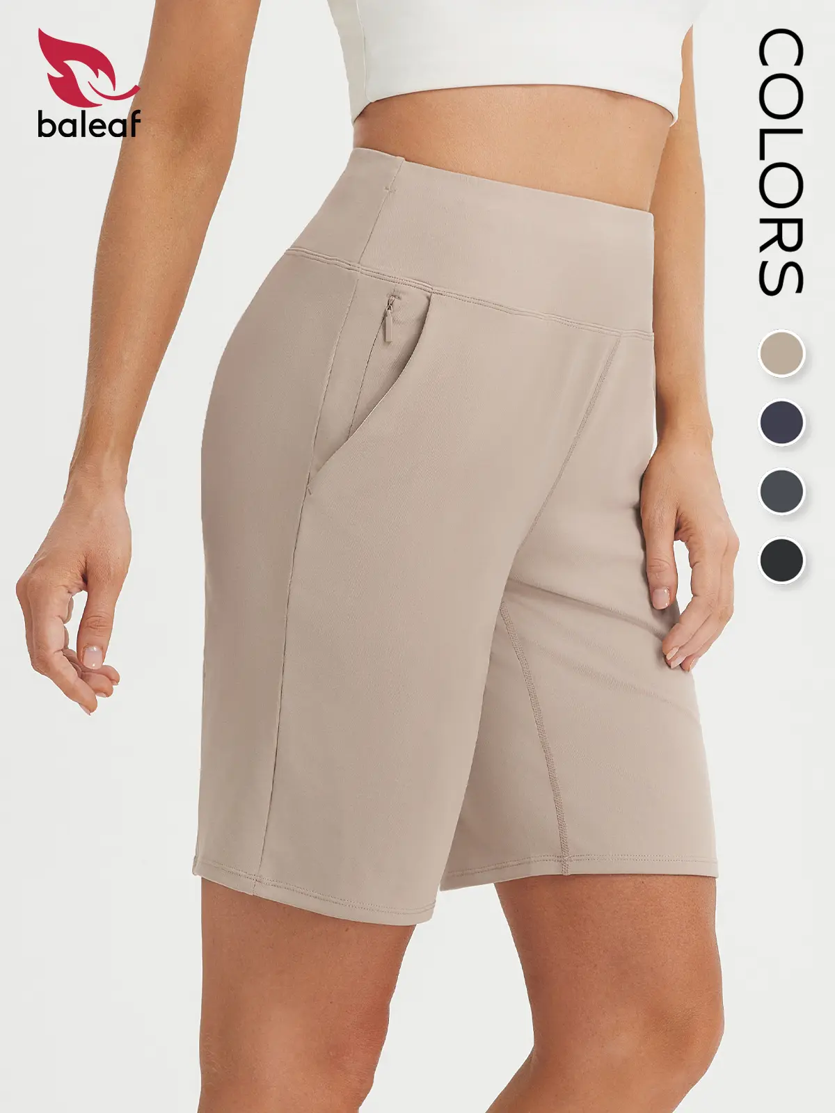 BALEAF Women's Bermuda Shorts 9" Knee Length High Waisted Long Shorts with Zipper Pockets, Active Athletic Golf Shorts for Women, Tummy Control Multi-Purpose Lightweight Stretch UPF 50+ Sun Protection for Walking Travel Running Hiking Gym Workout Teacher
