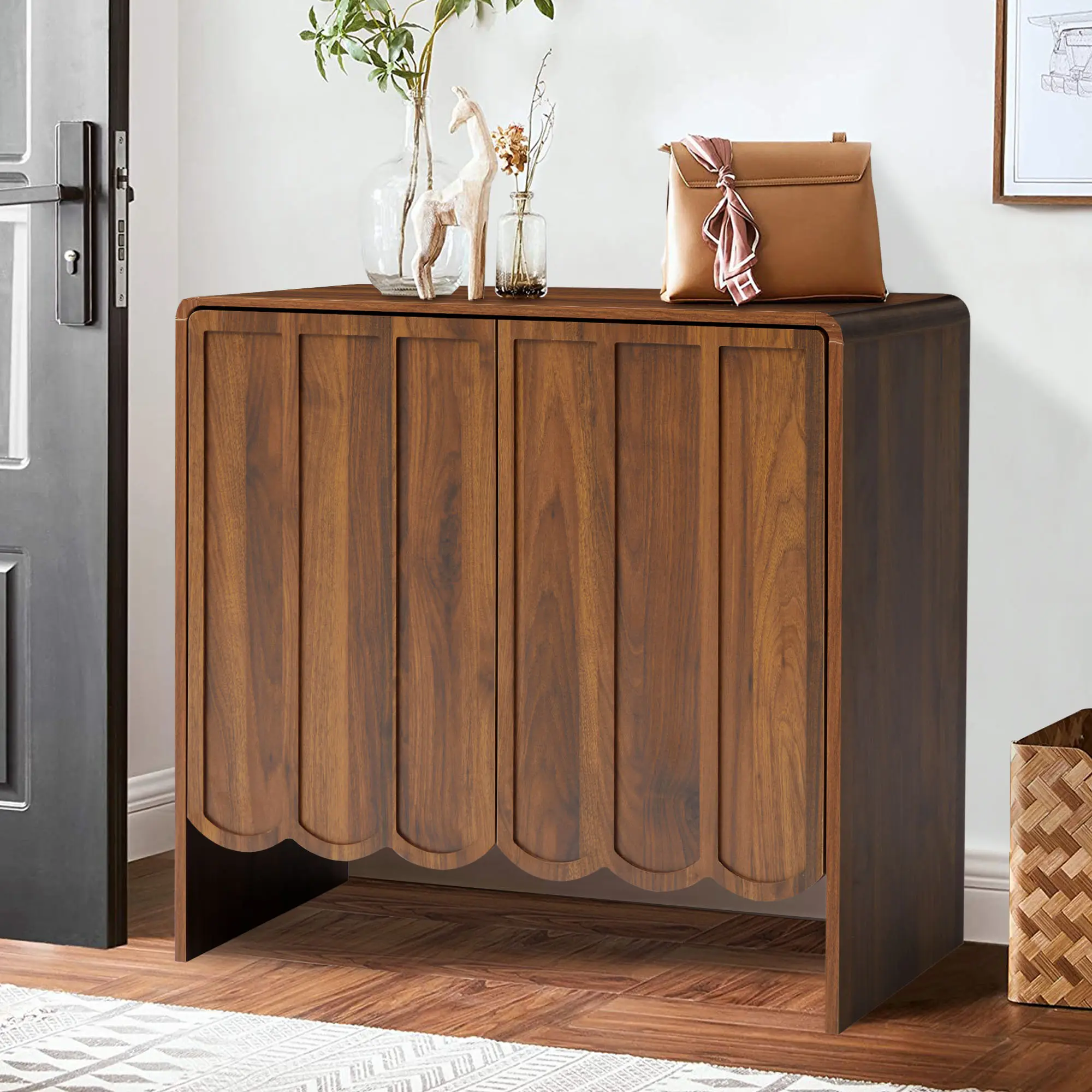 Giratree Accent Sideboard Buffet Cabinet, Storage Cabinets with 2 Doors, Farmhouse Wood Cabinet with Adjustable Shelves and Wave Panel for Living Room, Dining Room