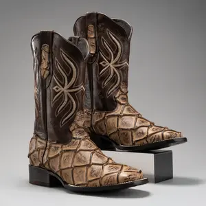 Men's Western Boots: Pirarucu Monster Fish Print Square Toe Cowboy & Rodeo Boots