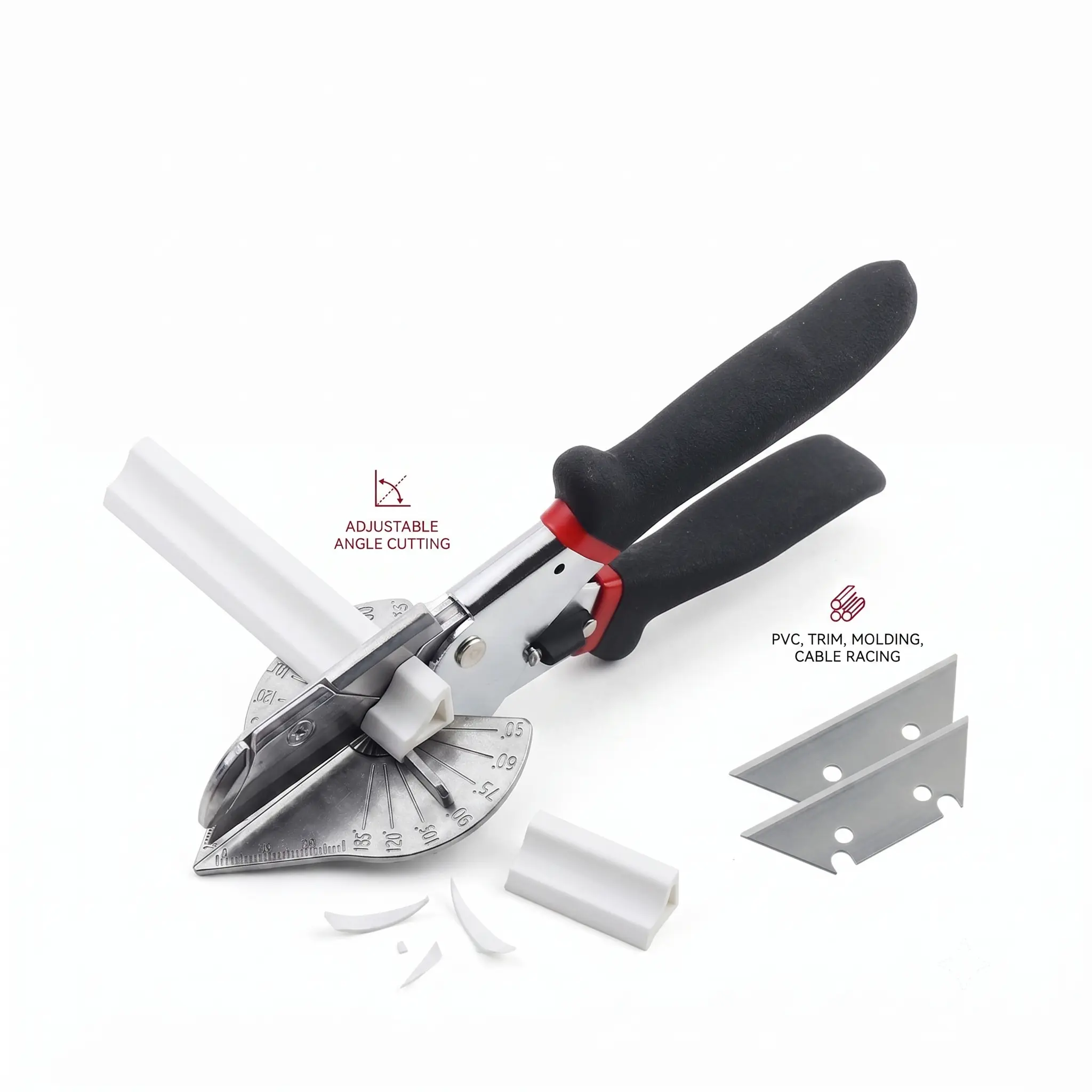 Multi-Angle Miter Shear Cutter with 45°-135° Adjustable Cutting Angle, High Carbon Steel Blade, Safety Lock, Non-Slip Rubber Grip, Easy Storage & 2 Replacement Blades for PVC Molding, Wood Trim
