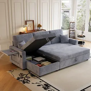 【2 Packages Shipping】[2 free pillows]Sectional Sleeper Sofa Bed with Pull Out Couch Bed, Convertible Corduroy Cloud Couch with Storage Chaise and USB Charging & Cup Holders, Comfy L Shaped Modular Couches for Living Room Apartment