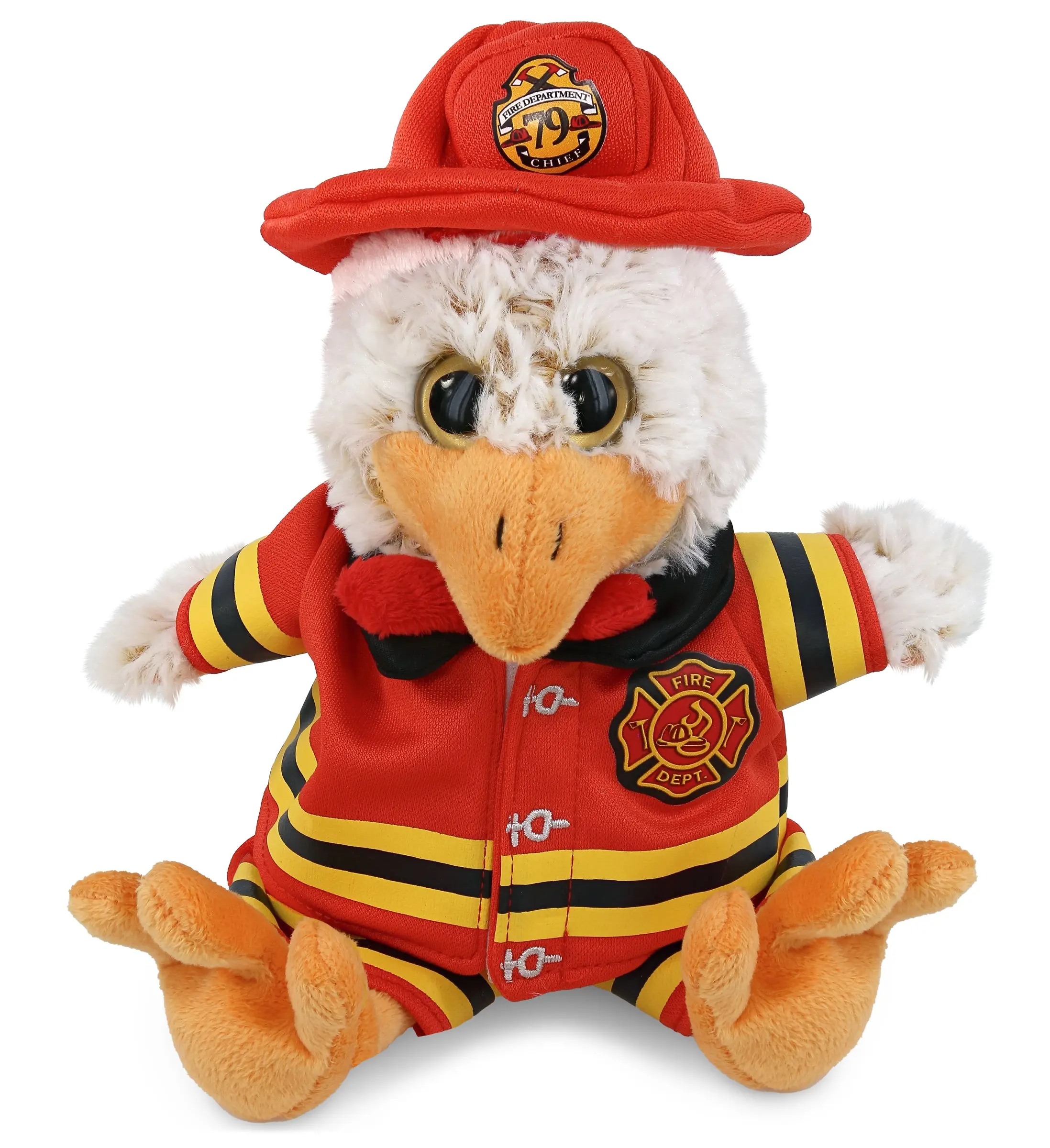 DOLLIBU Black Sitting Rooster Plush Toy - 100% Polyester Super Soft Stuffed Toy, Removable Fireman Suit, Pretend Play, Bedroom Decoration, Hand Wash, Dry, 4l x 5w x 9h In, Ages 0 and Up