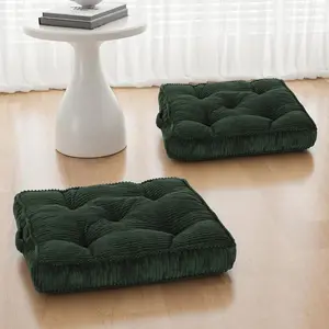 Floor Pillow Set of 2, 22x22 Tufted Floor Cushion for Adults, Square Large Meditation Cushion, Green Corduroy Sitting Pillow with Handle for Yoga Tatami Seating