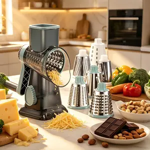 KEOUKE Hand Crank Rotary Cheese Grater - Transparent Kitchen Utensil with 3 Stainless Steel Blades, Tilted Barrel, Stable Suction Base, Labor-Saving Handle, Safe Vegetable Slicer Dicer for Cheese, Nuts